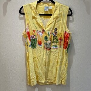 Big Dogs Tropical Cocktail Print Sleeveless Button Down Shirt Yellow Size XL
